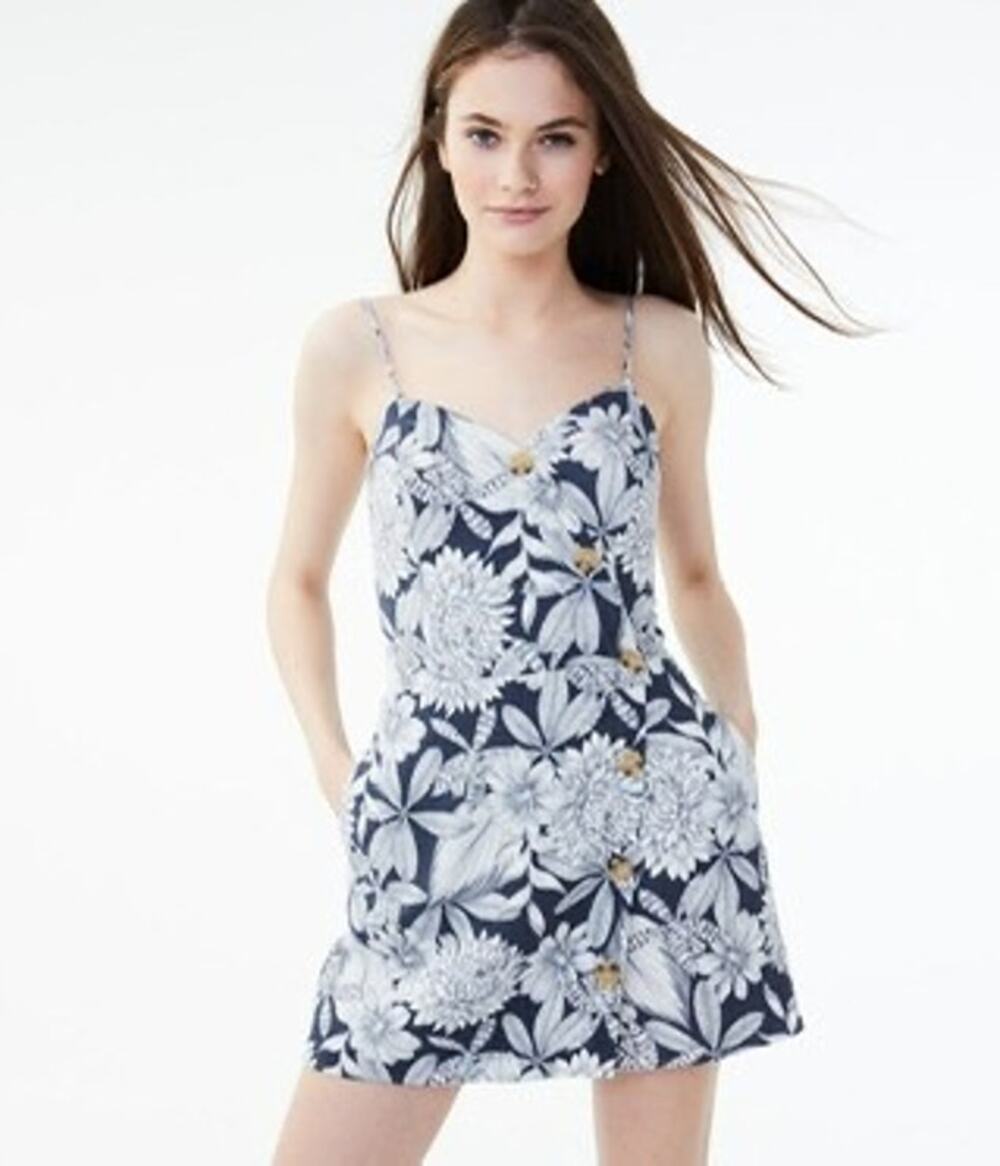 Aeropostale Blue White Floral Faux Wrap Buttoned Spaghetti Strap Skort Romper